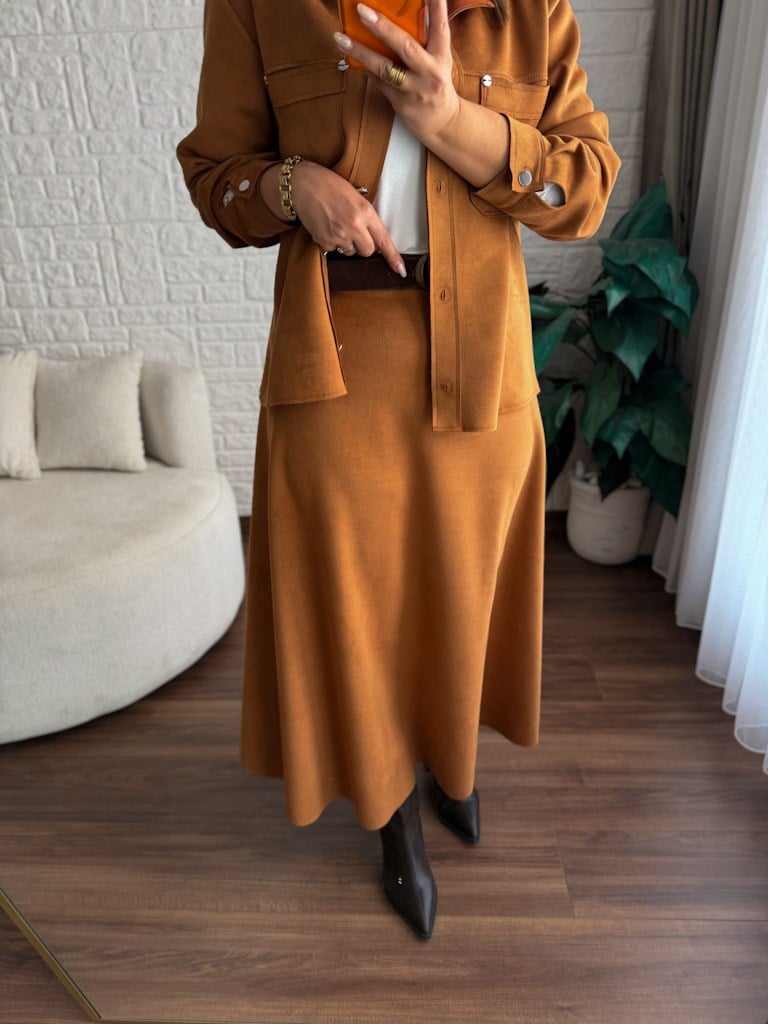 Beli Likralı Maxi Boy Süet Çan Etek Taba