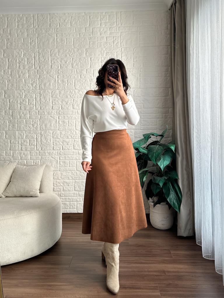 Beli Likralı Maxi Boy Süet Çan Etek Taba