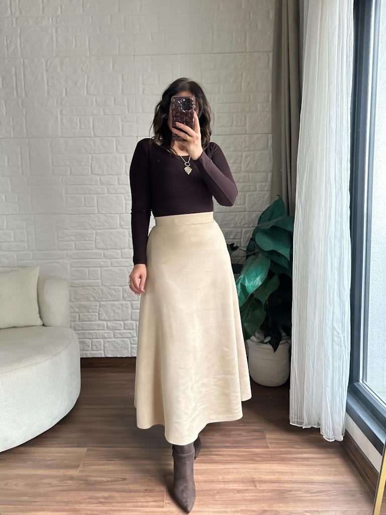 Beli Likralı Maxi Boy Süet Çan Etek Taş
