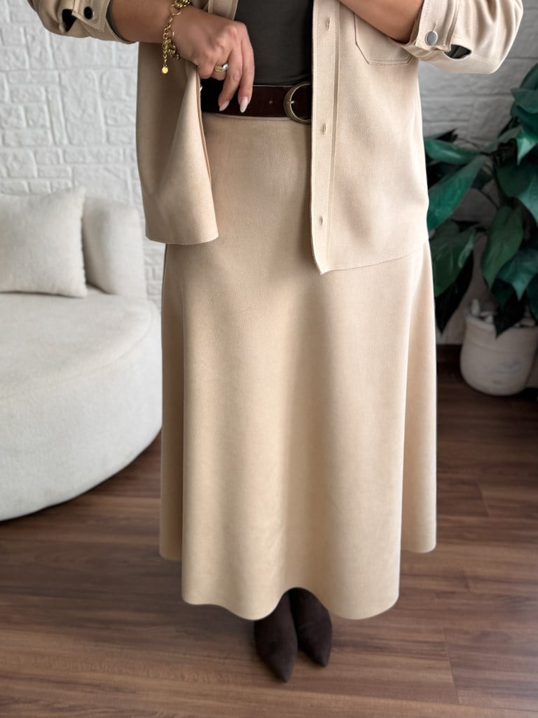 Beli Likralı Maxi Boy Süet Çan Etek Taş