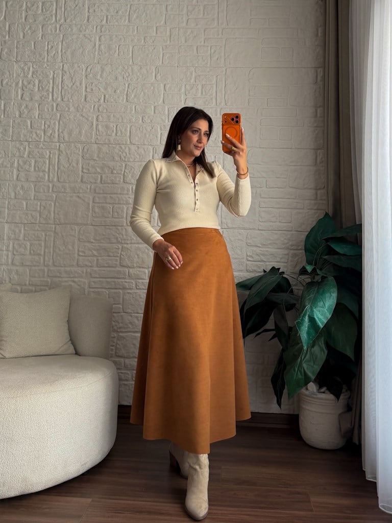 Beli Likralı Maxi Boy Süet Çan Etek Taba