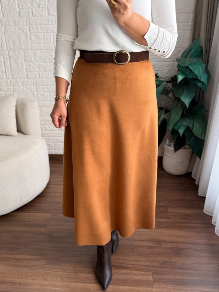 Beli Likralı Maxi Boy Süet Çan Etek Taba