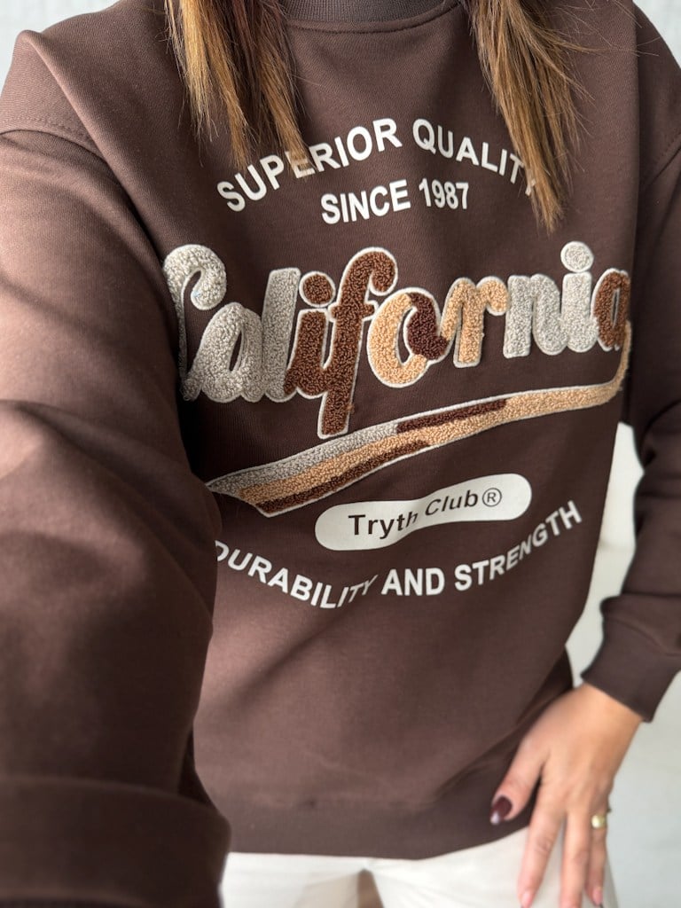 Bisiklet Yaka California Panç İşleme İki İplik Pamuk Sweat Kahverengi