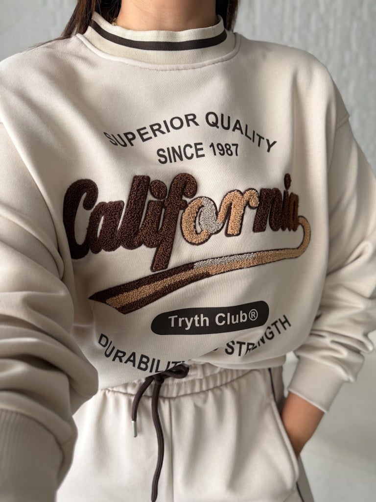 Bisiklet Yaka California Panç İşleme İki İplik Pamuk Sweat Bej