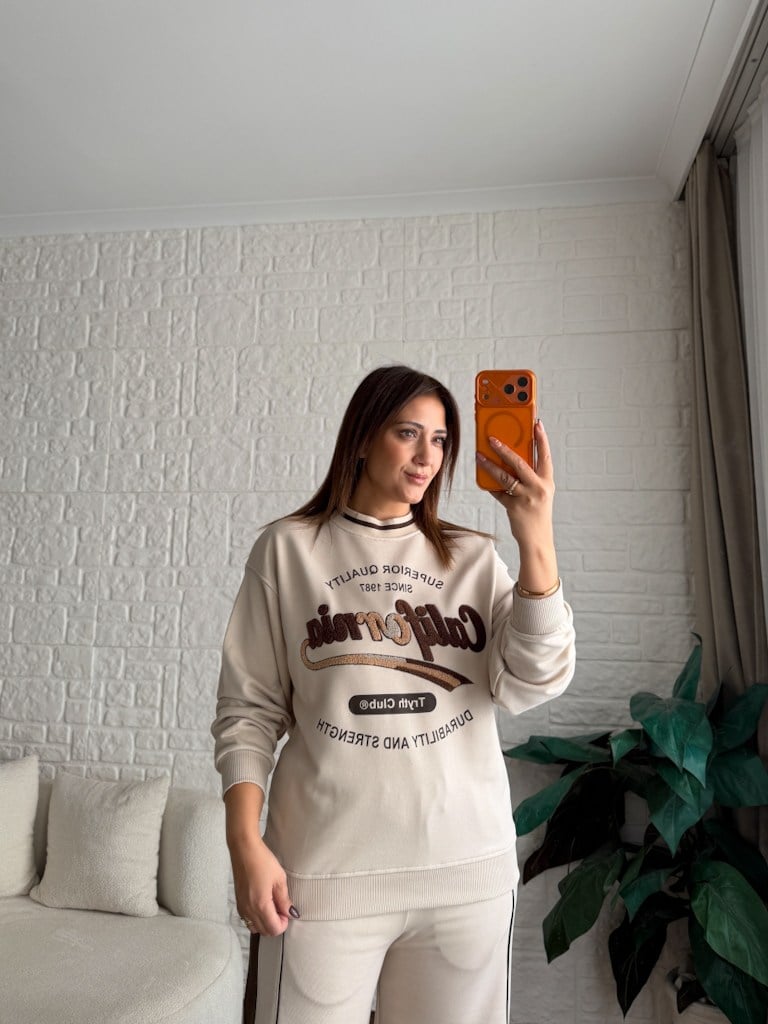 Bisiklet Yaka California Panç İşleme İki İplik Pamuk Sweat Bej