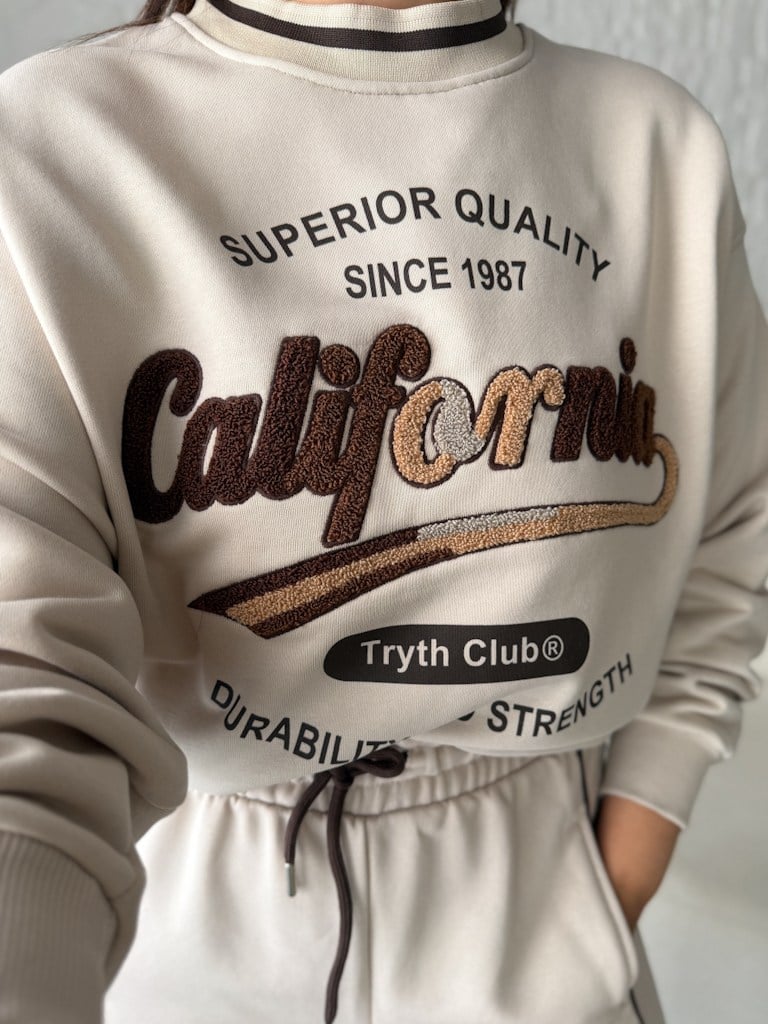 Bisiklet Yaka California Panç İşleme İki İplik Pamuk Sweat Bej