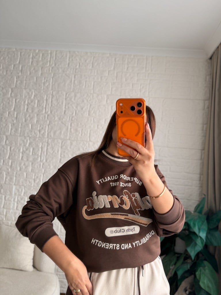 Bisiklet Yaka California Panç İşleme İki İplik Pamuk Sweat Kahverengi