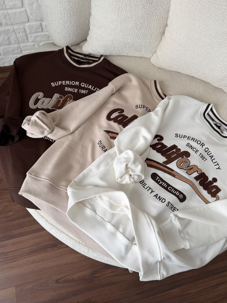 Bisiklet Yaka California Panç İşleme İki İplik Pamuk Sweat Ekru