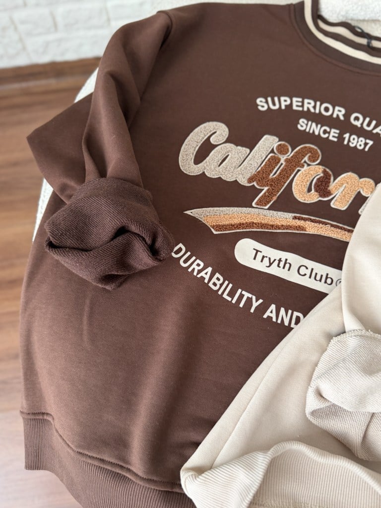 Bisiklet Yaka California Panç İşleme İki İplik Pamuk Sweat Kahverengi