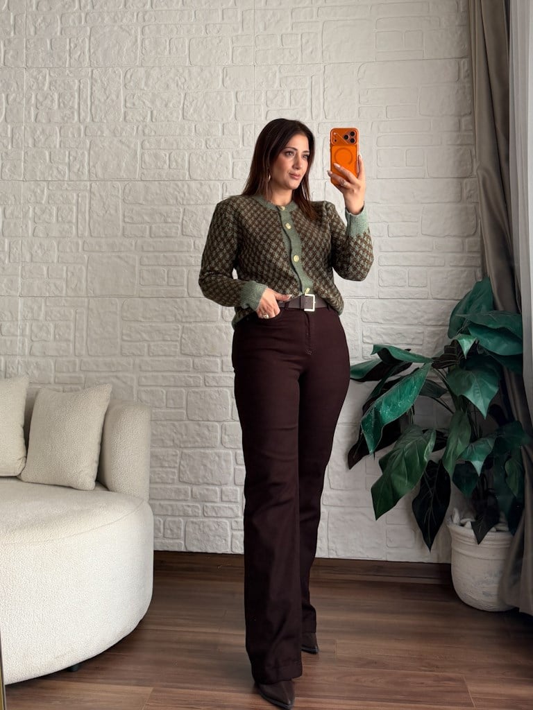 Bisiklet Yaka Haki Kahve Renk Gold Düğme Detaylı Triko Hırka