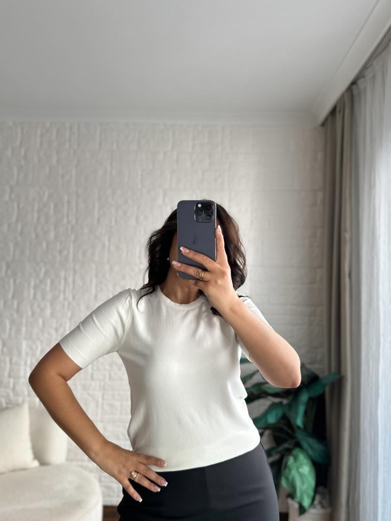 Bisiklet Yaka Kısa Kol Basic Triko Bluz Ekru