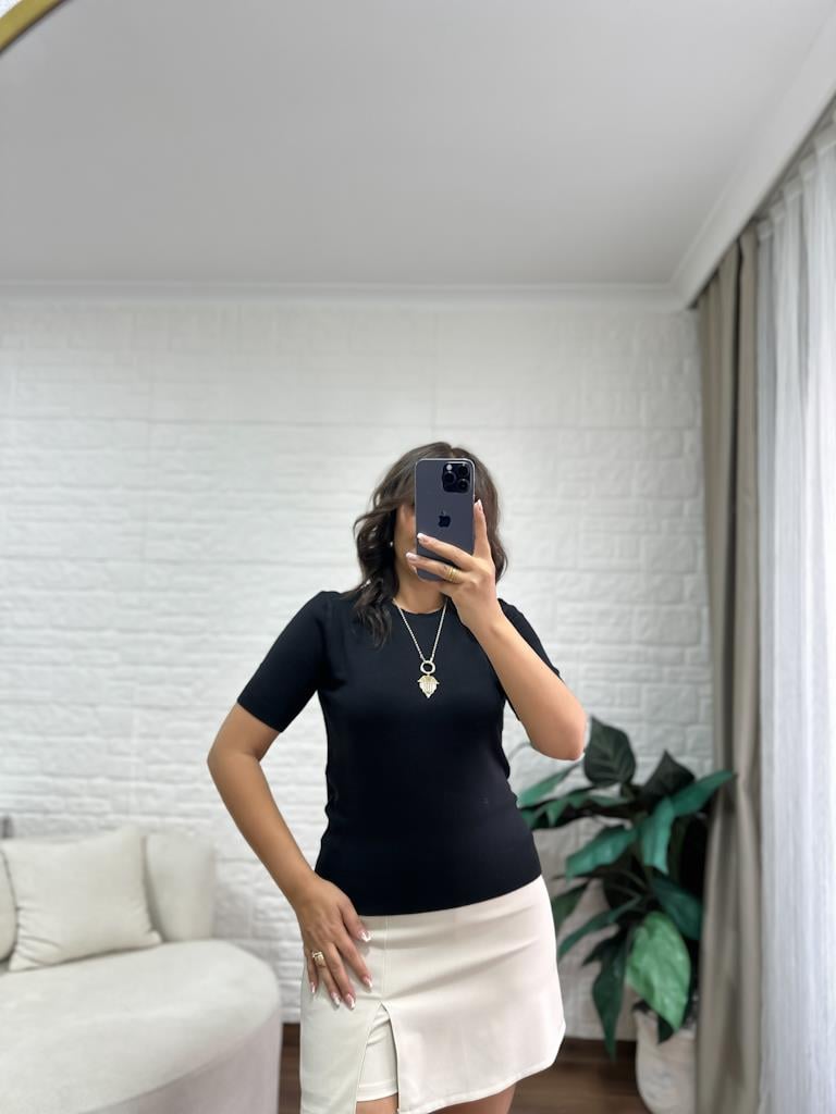 Bisiklet Yaka Kısa Kol Basic Triko Bluz Siyah