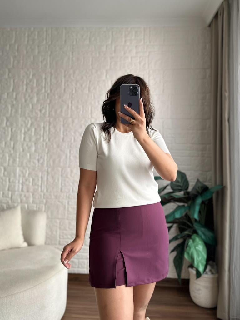 Bisiklet Yaka Kısa Kol Basic Triko Bluz Ekru