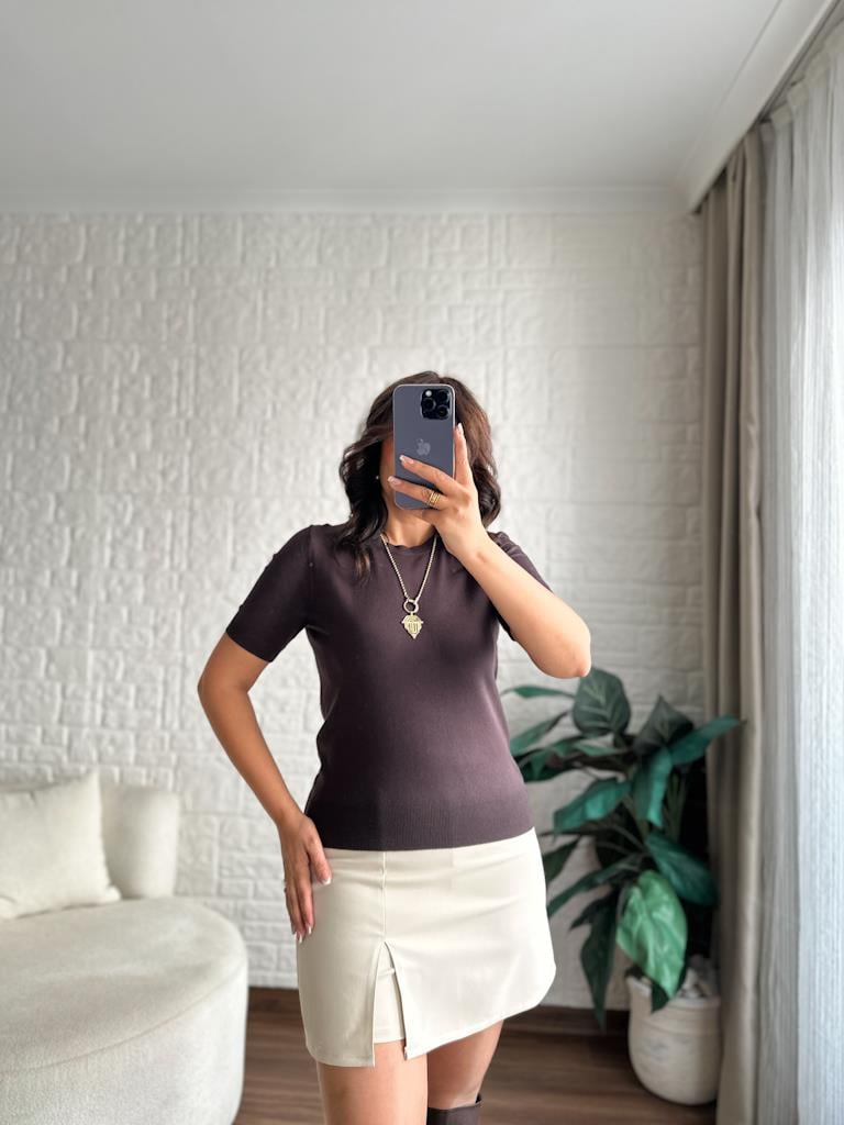 Bisiklet Yaka Kısa Kol Basic Triko Bluz Kahverengi