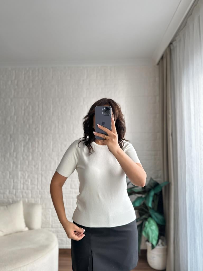 Bisiklet Yaka Kısa Kol Basic Triko Bluz Ekru