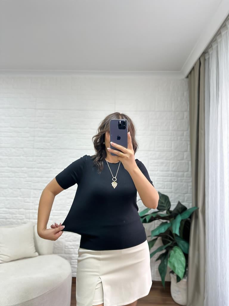 Bisiklet Yaka Kısa Kol Basic Triko Bluz Siyah