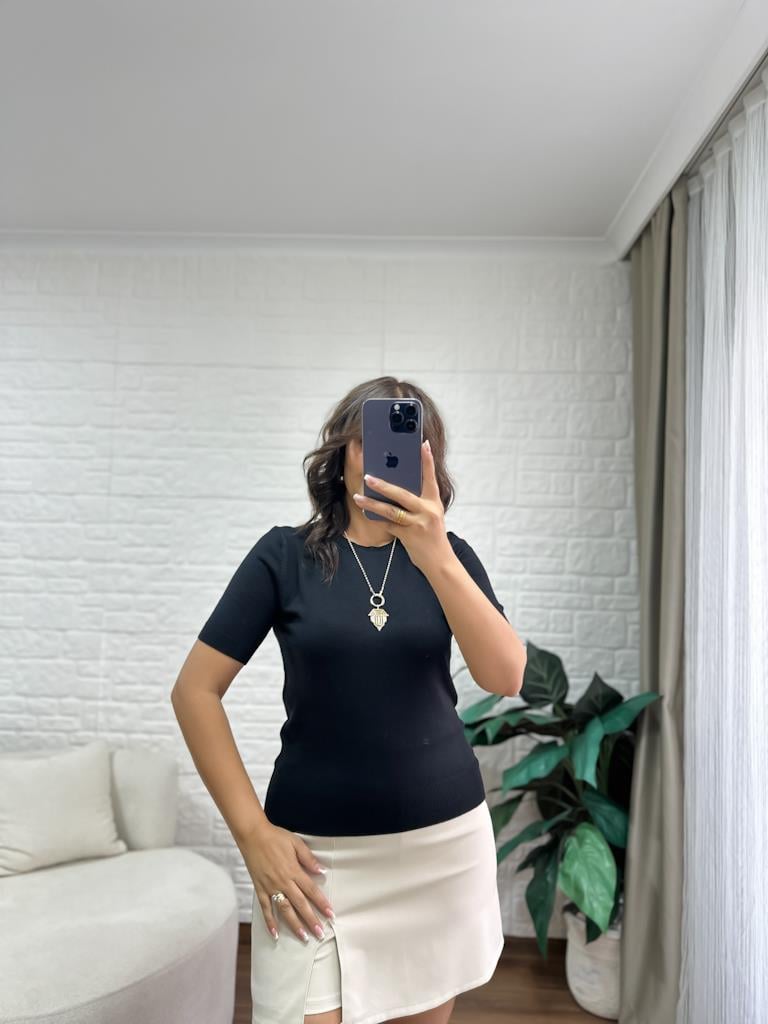 Bisiklet Yaka Kısa Kol Basic Triko Bluz Siyah