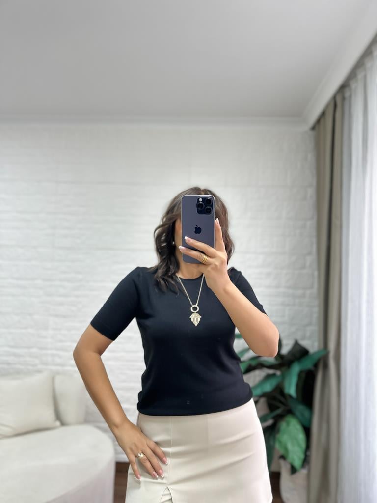 Bisiklet Yaka Kısa Kol Basic Triko Bluz Siyah