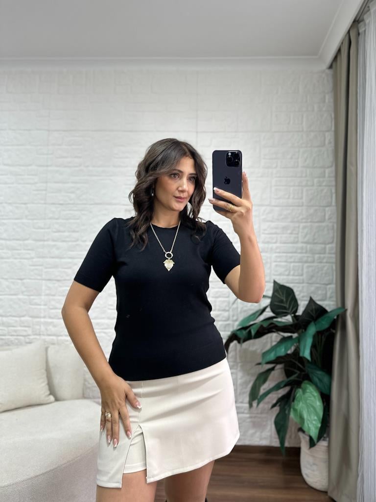 Bisiklet Yaka Kısa Kol Basic Triko Bluz Siyah