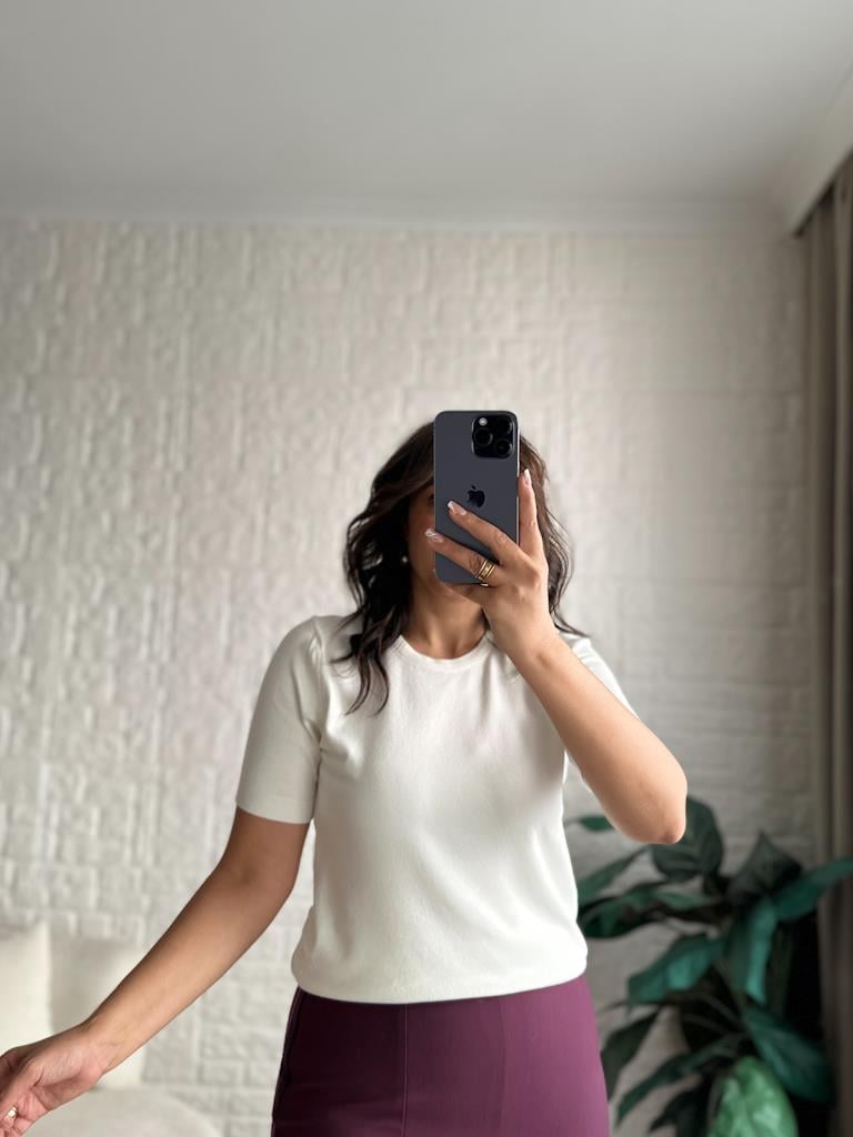 Bisiklet Yaka Kısa Kol Basic Triko Bluz Ekru