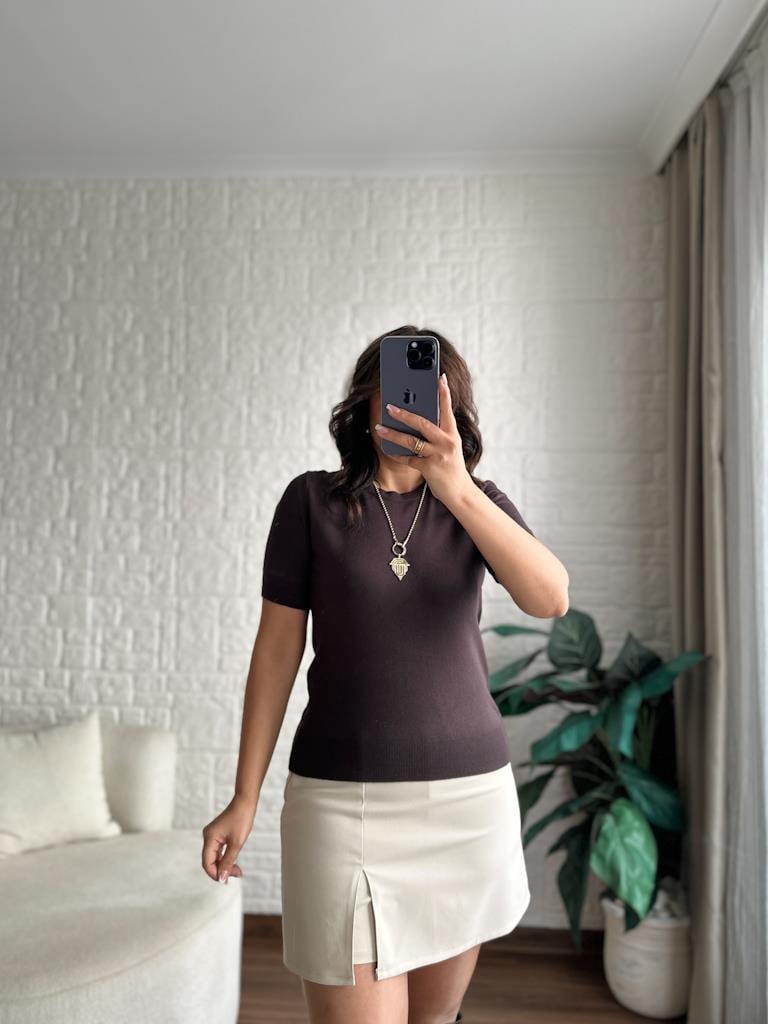 Bisiklet Yaka Kısa Kol Basic Triko Bluz Kahverengi