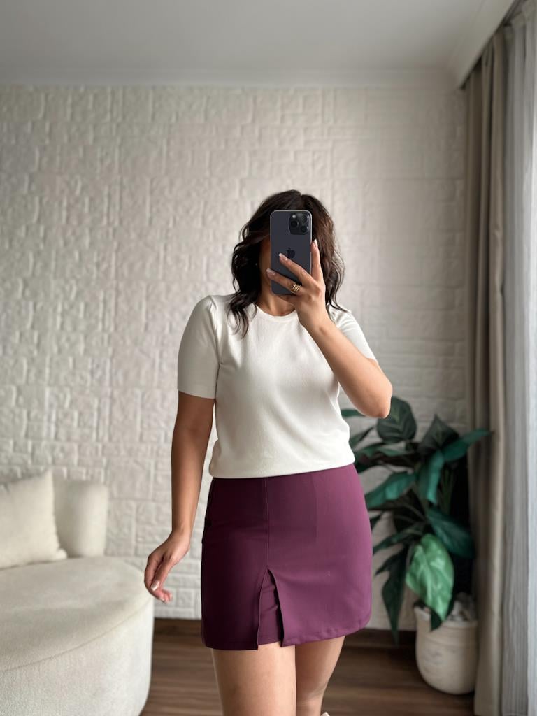 Bisiklet Yaka Kısa Kol Basic Triko Bluz Ekru