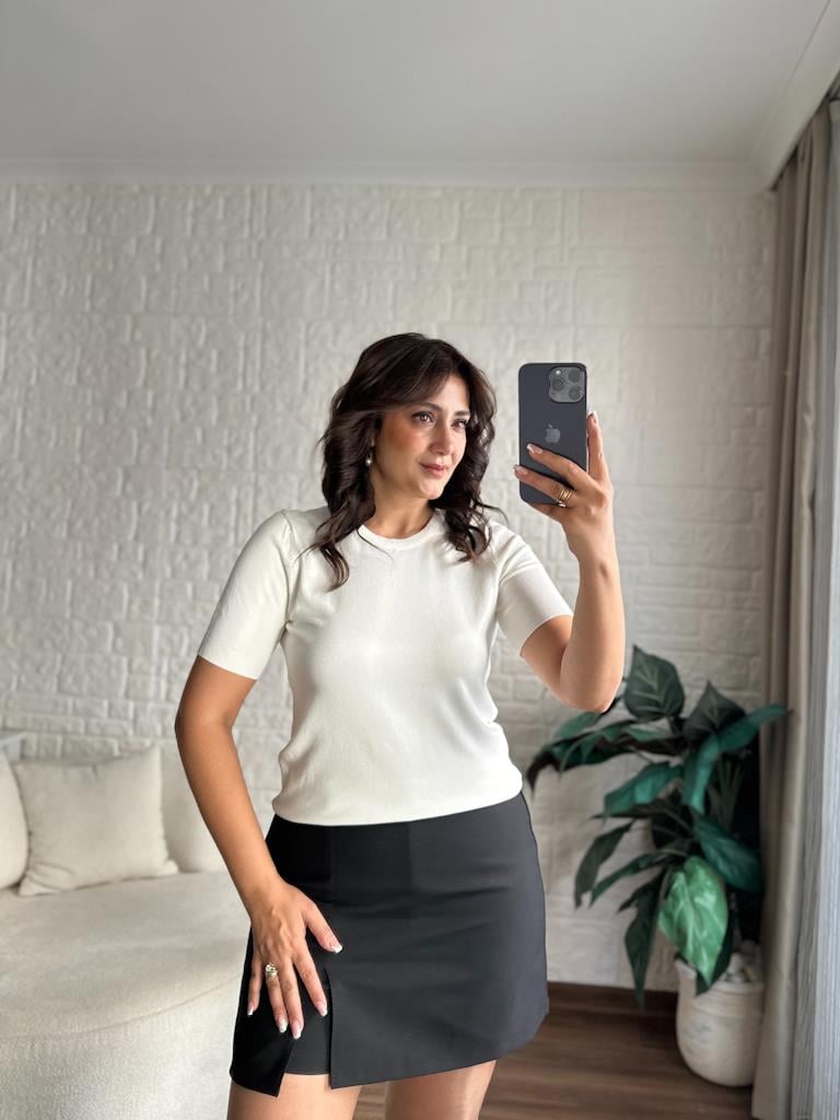 Bisiklet Yaka Kısa Kol Basic Triko Bluz Ekru