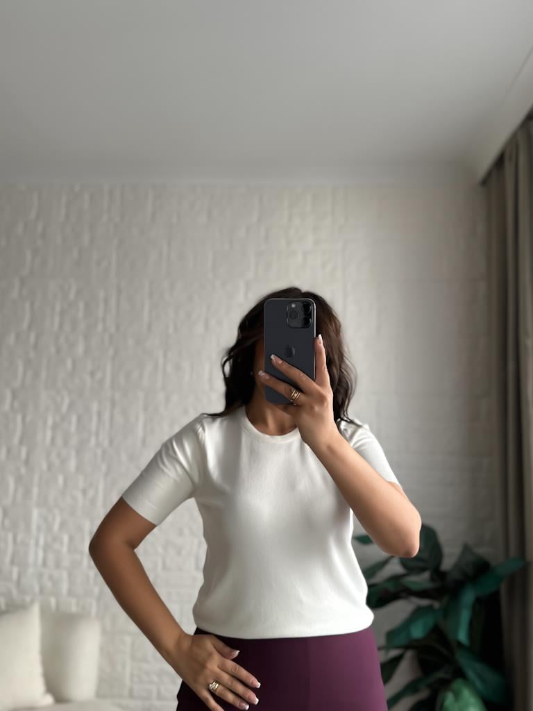 Bisiklet Yaka Kısa Kol Basic Triko Bluz Ekru