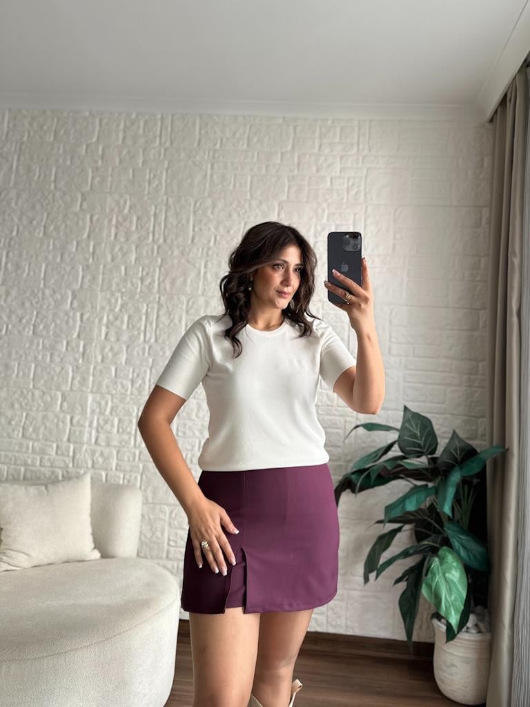 Bisiklet Yaka Kısa Kol Basic Triko Bluz Ekru