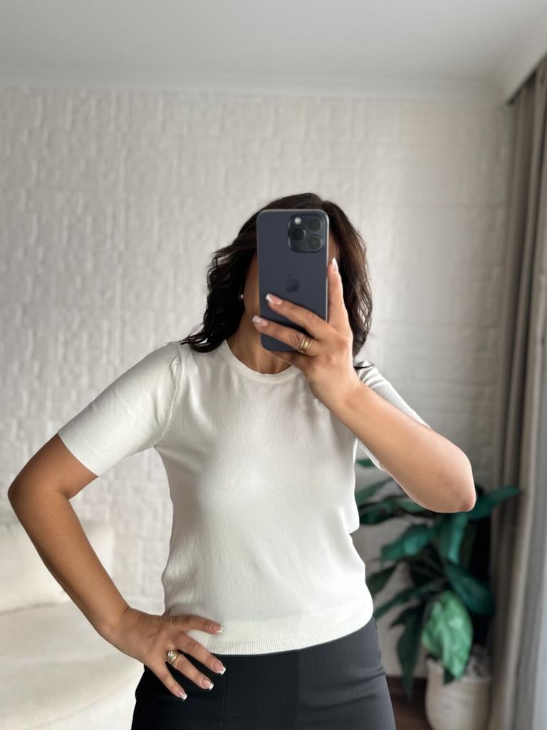 Bisiklet Yaka Kısa Kol Basic Triko Bluz Ekru