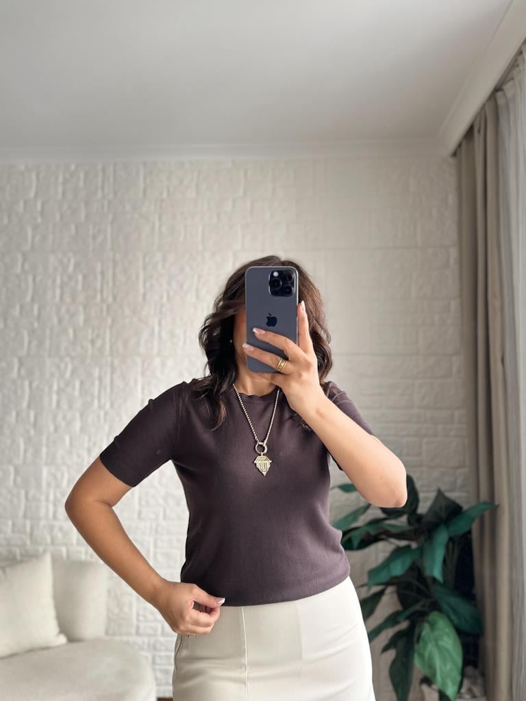 Bisiklet Yaka Kısa Kol Basic Triko Bluz Kahverengi