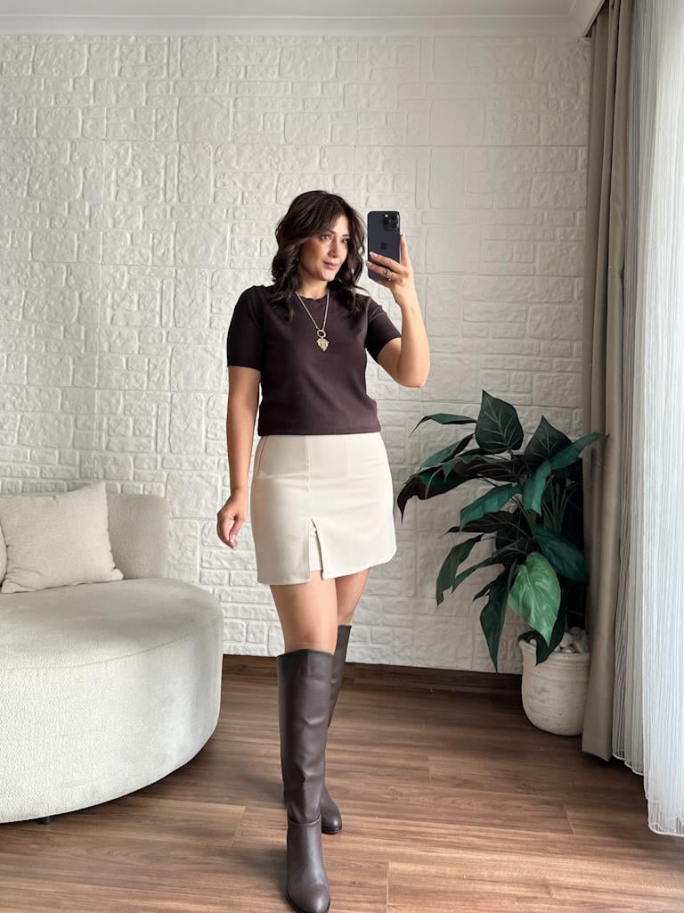 Bisiklet Yaka Kısa Kol Basic Triko Bluz Kahverengi