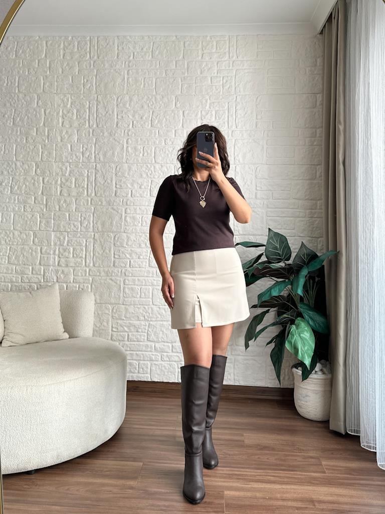 Bisiklet Yaka Kısa Kol Basic Triko Bluz Kahverengi