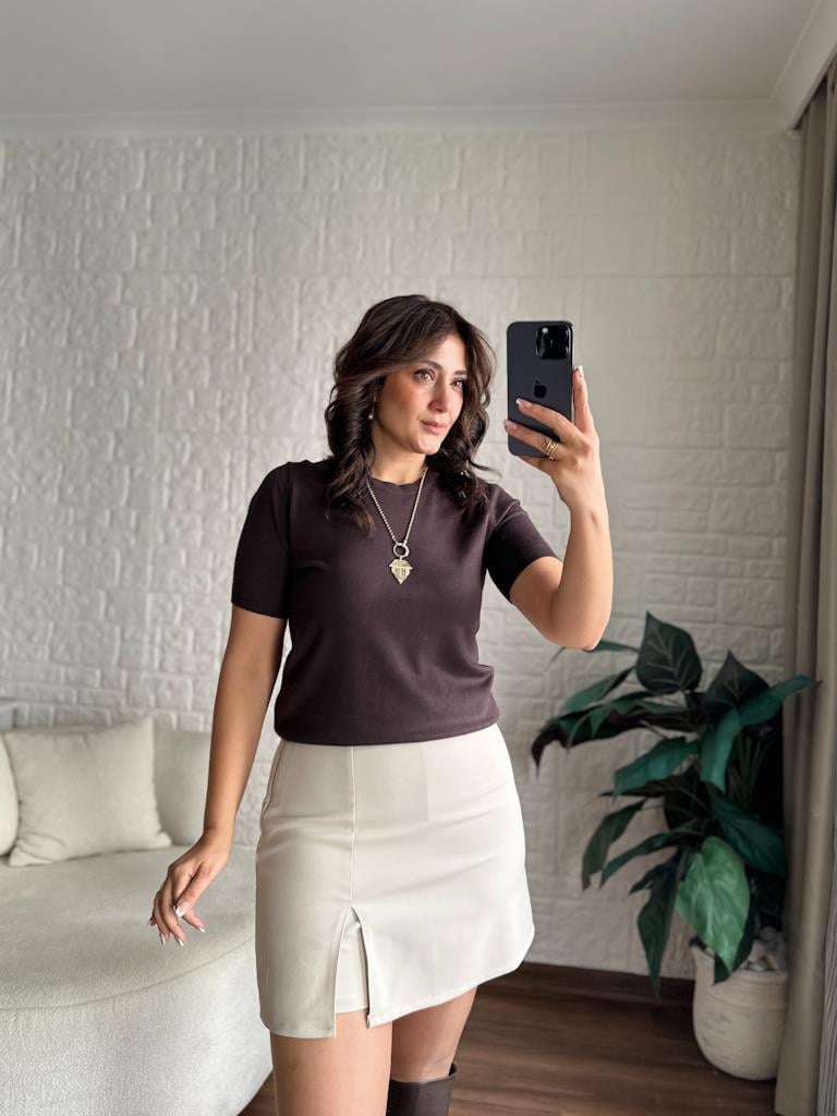 Bisiklet Yaka Kısa Kol Basic Triko Bluz Kahverengi