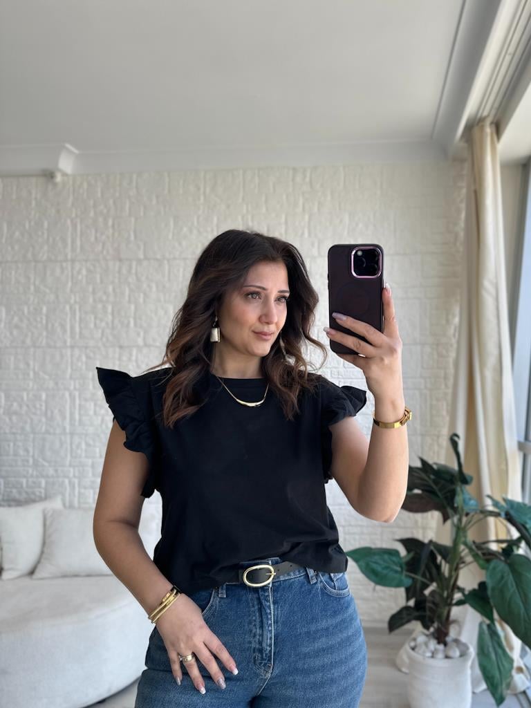 Bisiklet Yaka Kol Fırfır Detaylı Basic Tişört Siyah