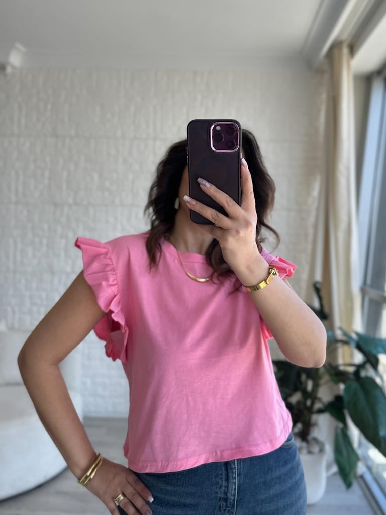 Bisiklet Yaka Kol Fırfır Detaylı Basic Tişört Pembe