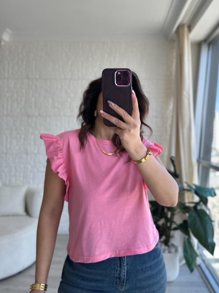 Bisiklet Yaka Kol Fırfır Detaylı Basic Tişört Pembe