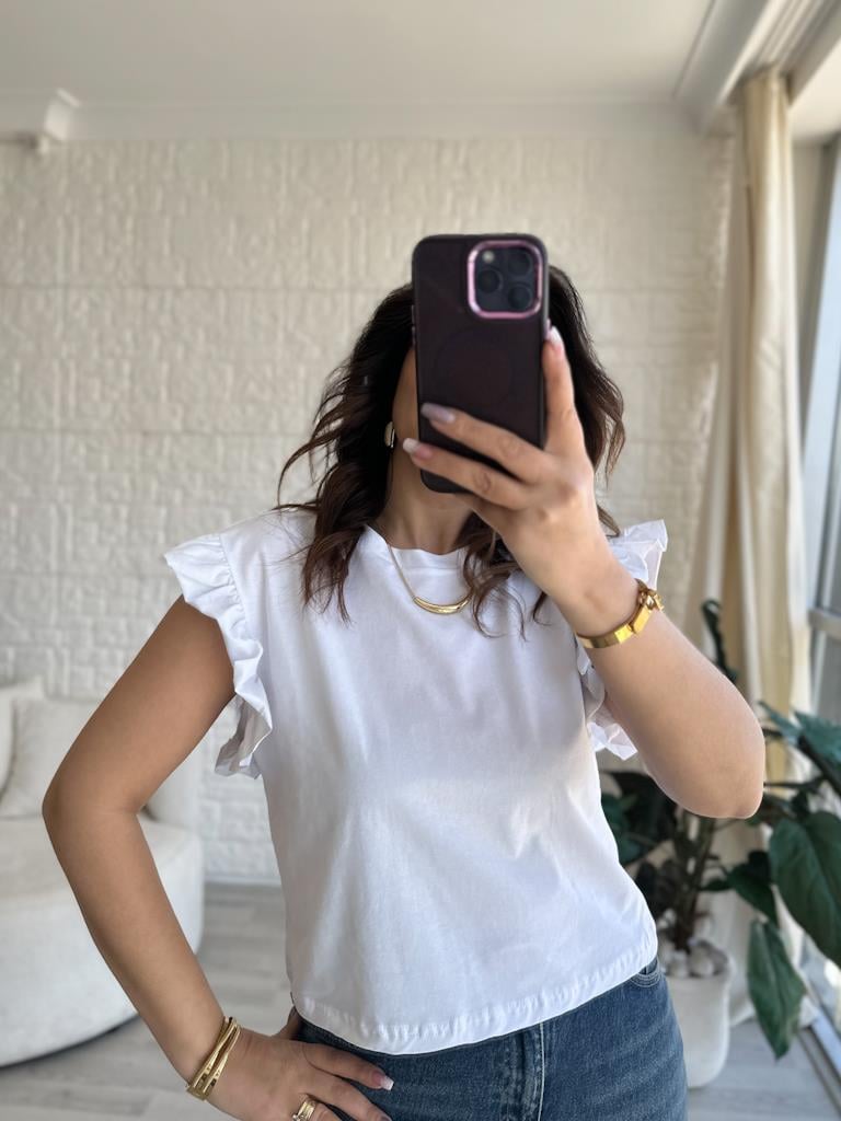 Bisiklet Yaka Kol Fırfır Detaylı Basic Tişört Beyaz