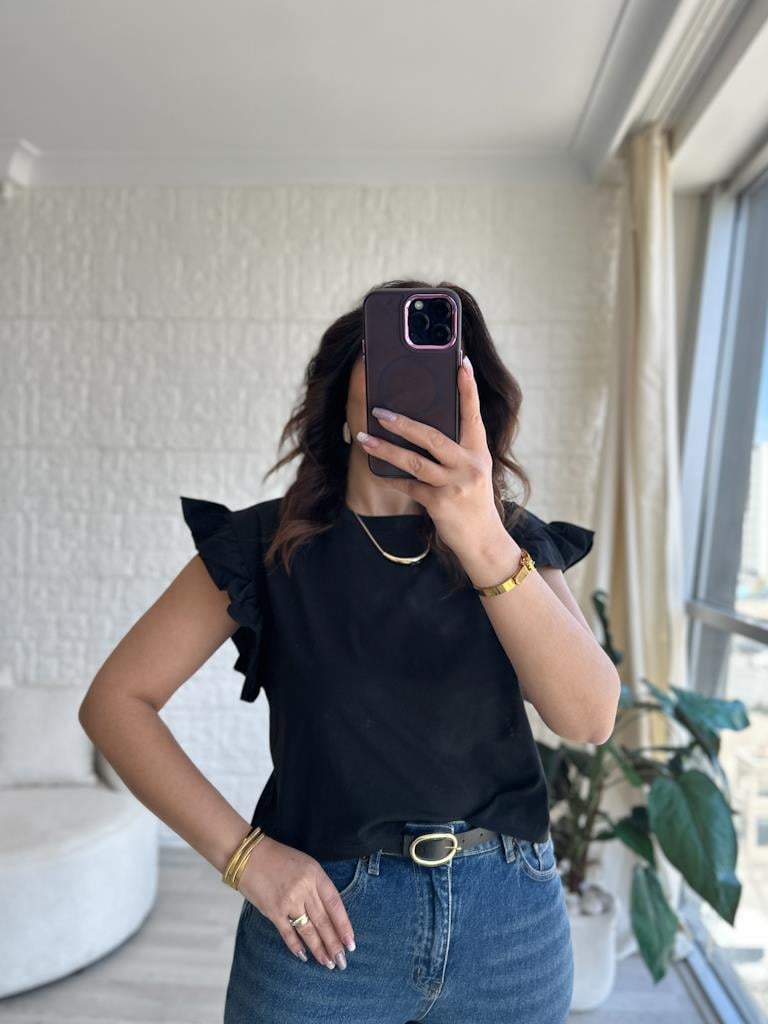 Bisiklet Yaka Kol Fırfır Detaylı Basic Tişört Siyah