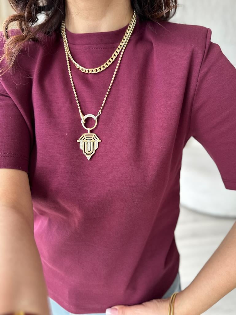 Bisiklet Yaka Omuz Vatkalı Basic Tişört Bordo