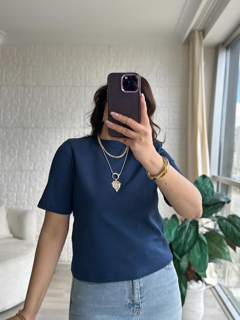 Bisiklet Yaka Omuz Vatkalı Basic Tişört Lacivert