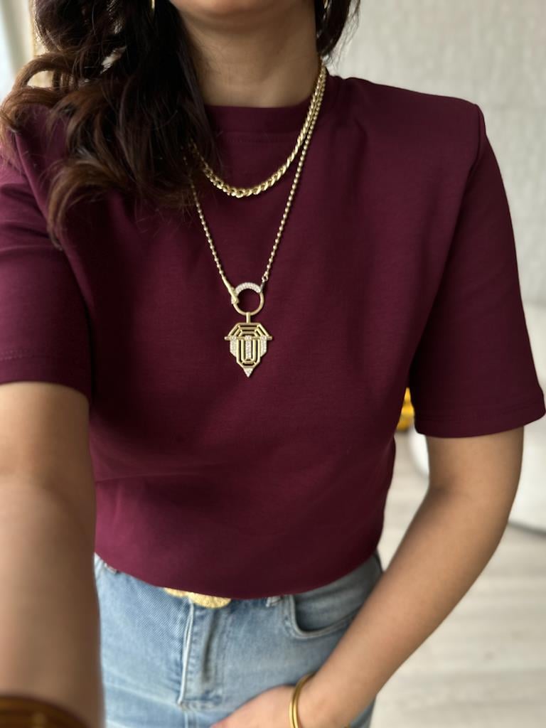 Bisiklet Yaka Omuz Vatkalı Basic Tişört Bordo