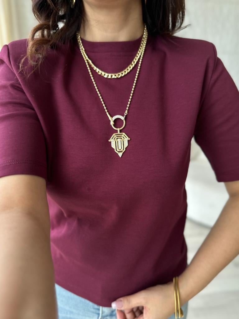 Bisiklet Yaka Omuz Vatkalı Basic Tişört Bordo