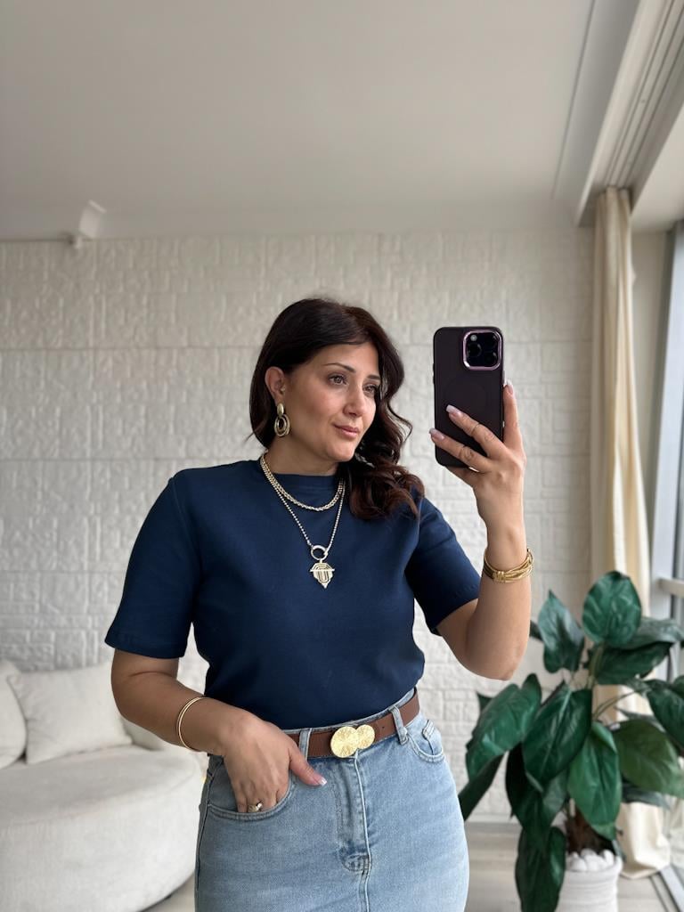 Bisiklet Yaka Omuz Vatkalı Basic Tişört Lacivert