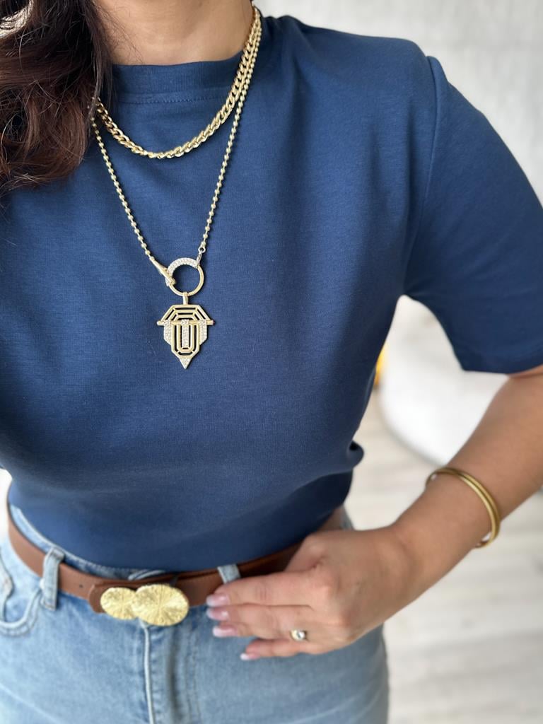 Bisiklet Yaka Omuz Vatkalı Basic Tişört Lacivert