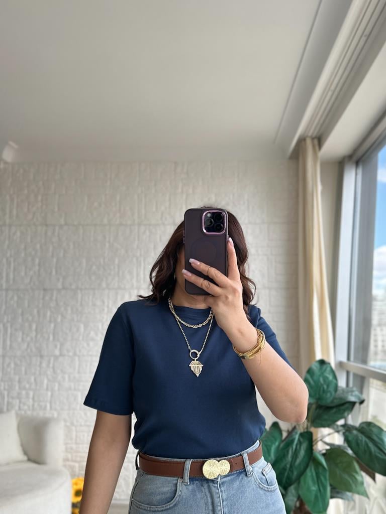 Bisiklet Yaka Omuz Vatkalı Basic Tişört Lacivert