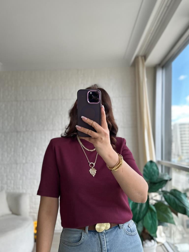 Bisiklet Yaka Omuz Vatkalı Basic Tişört Bordo