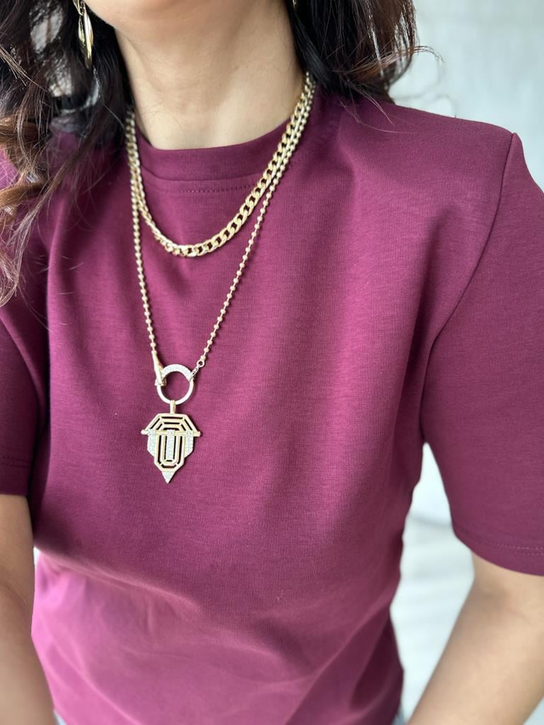 Bisiklet Yaka Omuz Vatkalı Basic Tişört Bordo