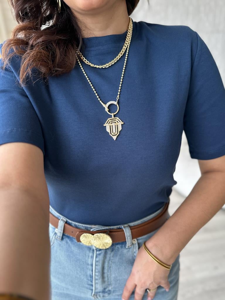 Bisiklet Yaka Omuz Vatkalı Basic Tişört Lacivert