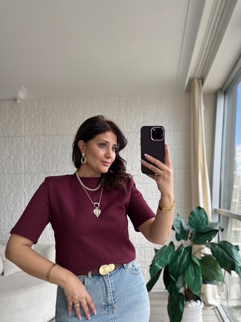 Bisiklet Yaka Omuz Vatkalı Basic Tişört Bordo